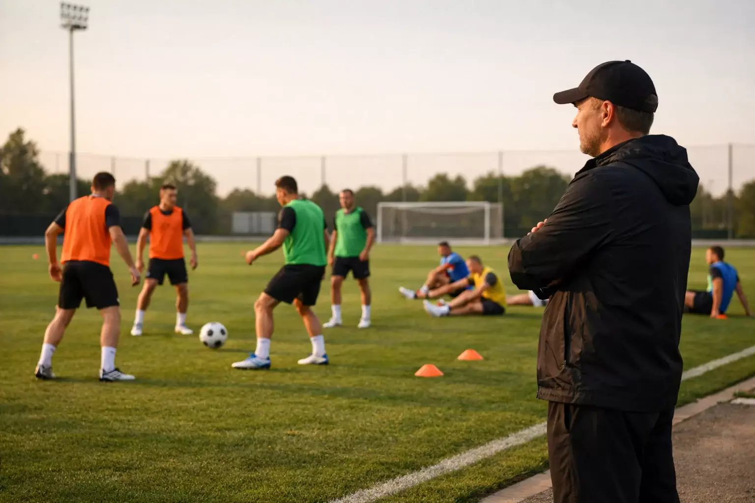 Fußballmannschaft beim Abschlusstraining auf dem Trainingsplatz