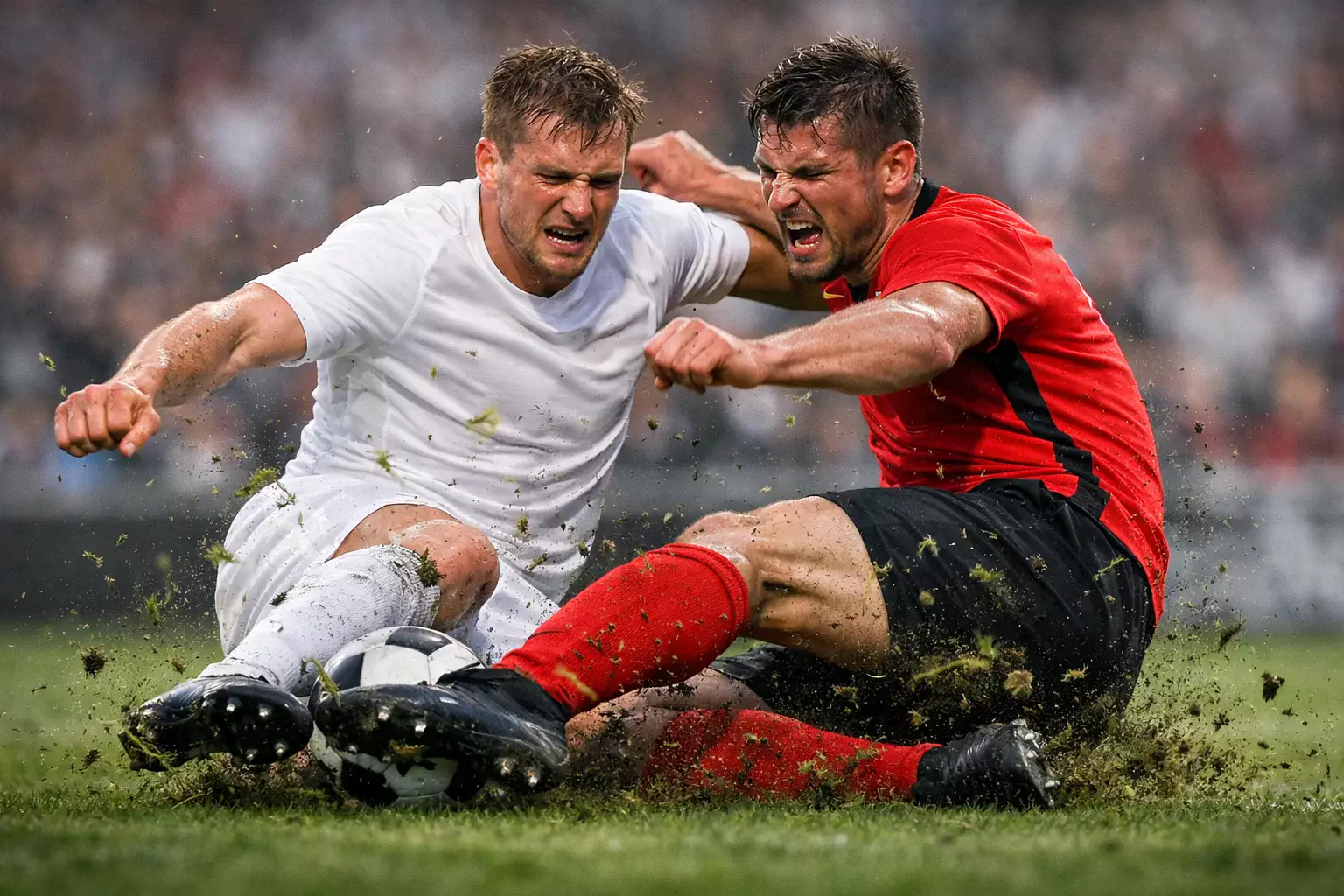 Fußballspieler im intensiven Zweikampf während eines Abstiegsspiels