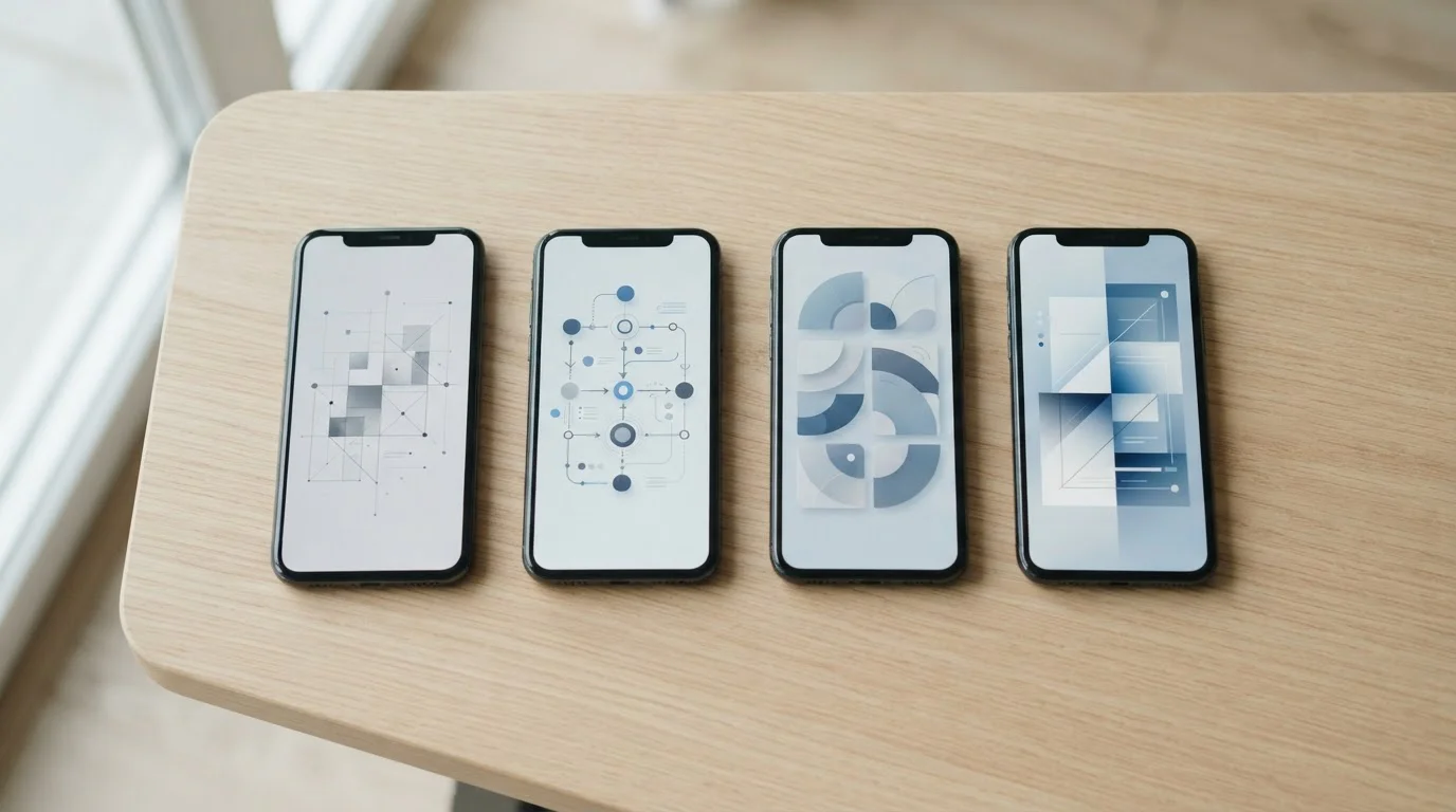 Mehrere Smartphones nebeneinander zeigen verschiedene abstrakte App-Oberflächen im Vergleich