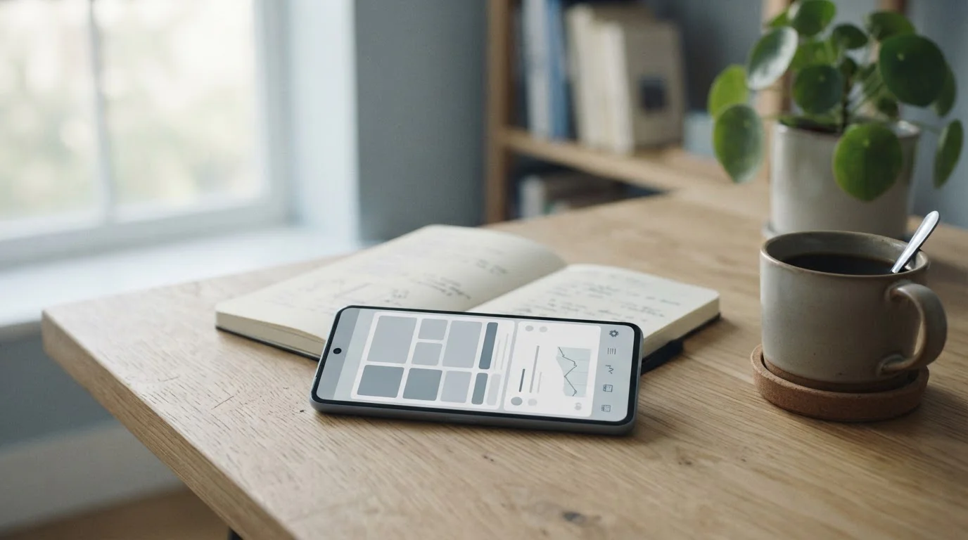 Android-Smartphone mit neutraler Sport-App auf Schreibtisch