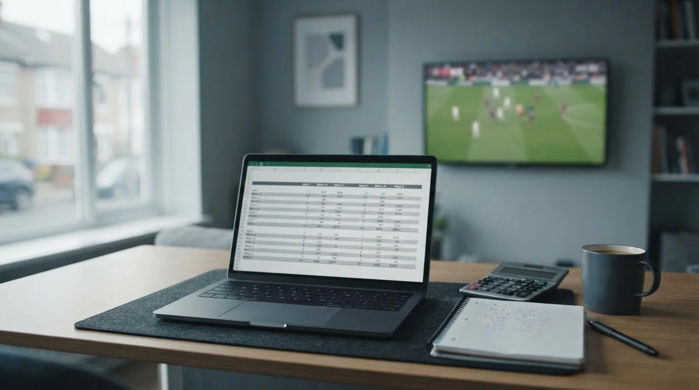Vergleich von Bundesliga-Wettanbietern auf Laptop mit Taschenrechner und Notizen