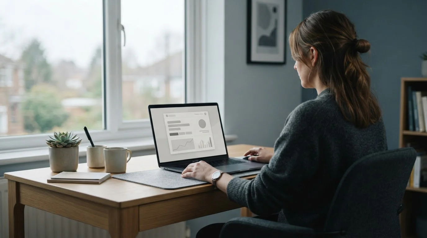 Person nutzt Laptop für sichere Online-Banküberweisung im modernen Arbeitsumfeld