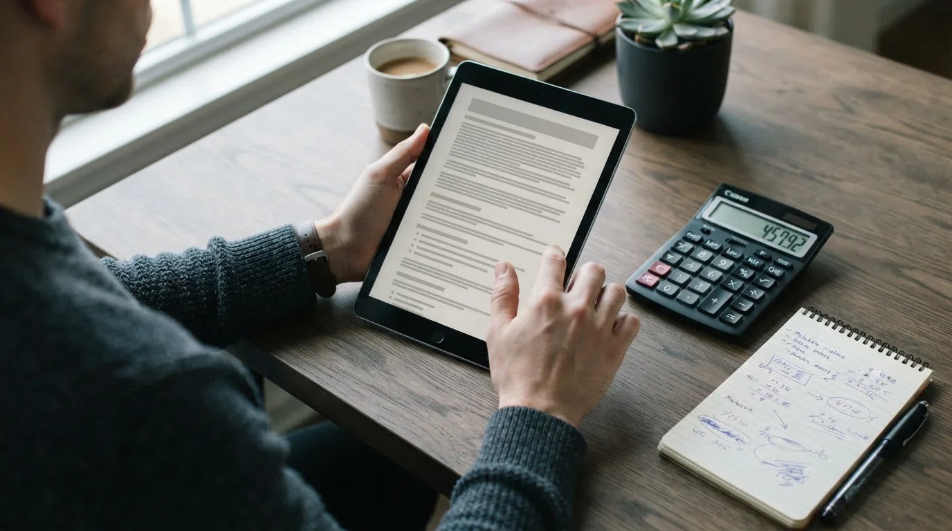 Person liest Bonusbedingungen auf Tablet mit Taschenrechner zur Berechnung des Nettowerts