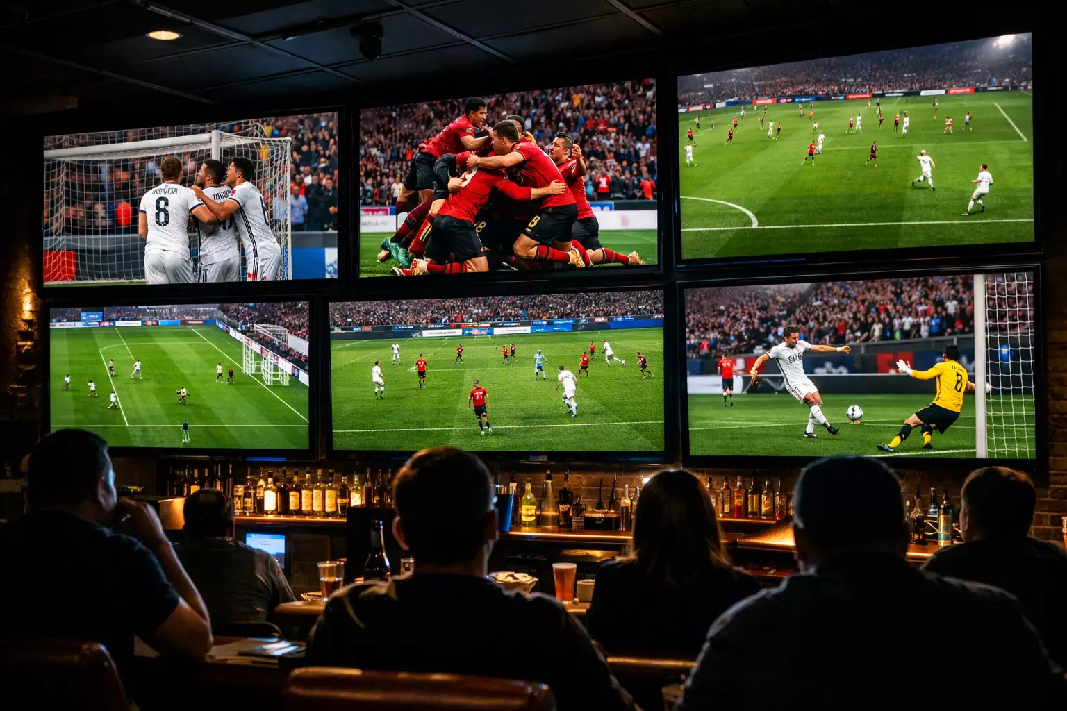 Mehrere Bildschirme zeigen parallel laufende Bundesliga-Spiele in einer Sportsbar