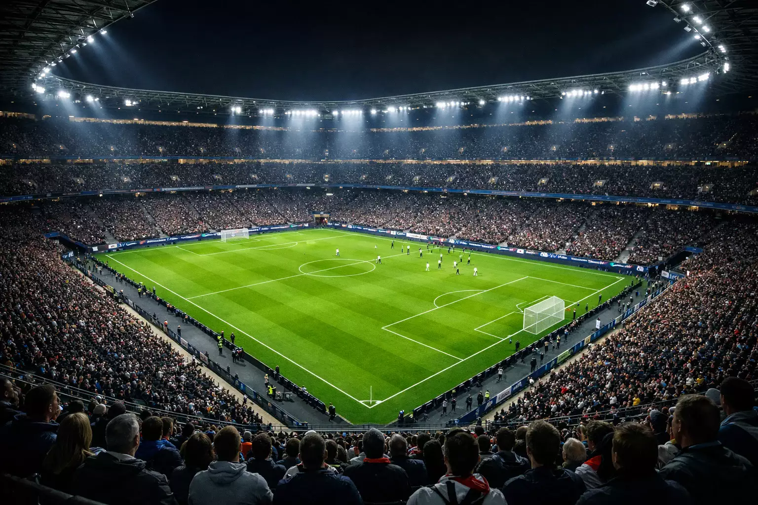 Beleuchtetes Fußballstadion bei Nacht während eines Europapokalspiels