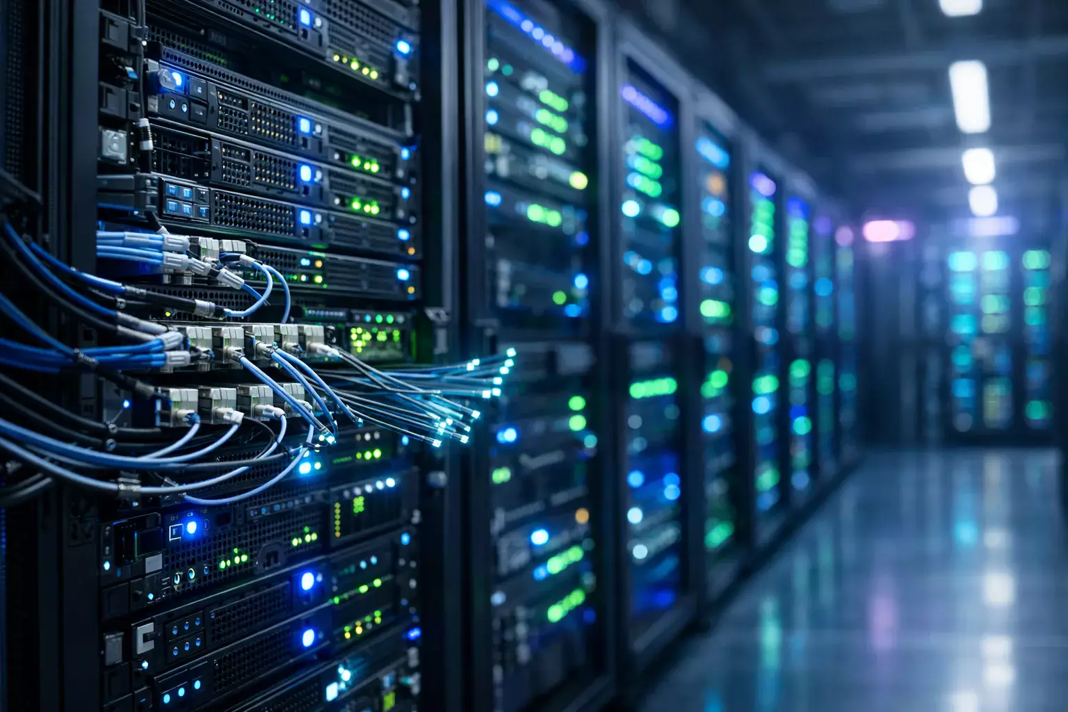 Modernes Rechenzentrum mit Serverschränken und leuchtenden Datenverbindungen