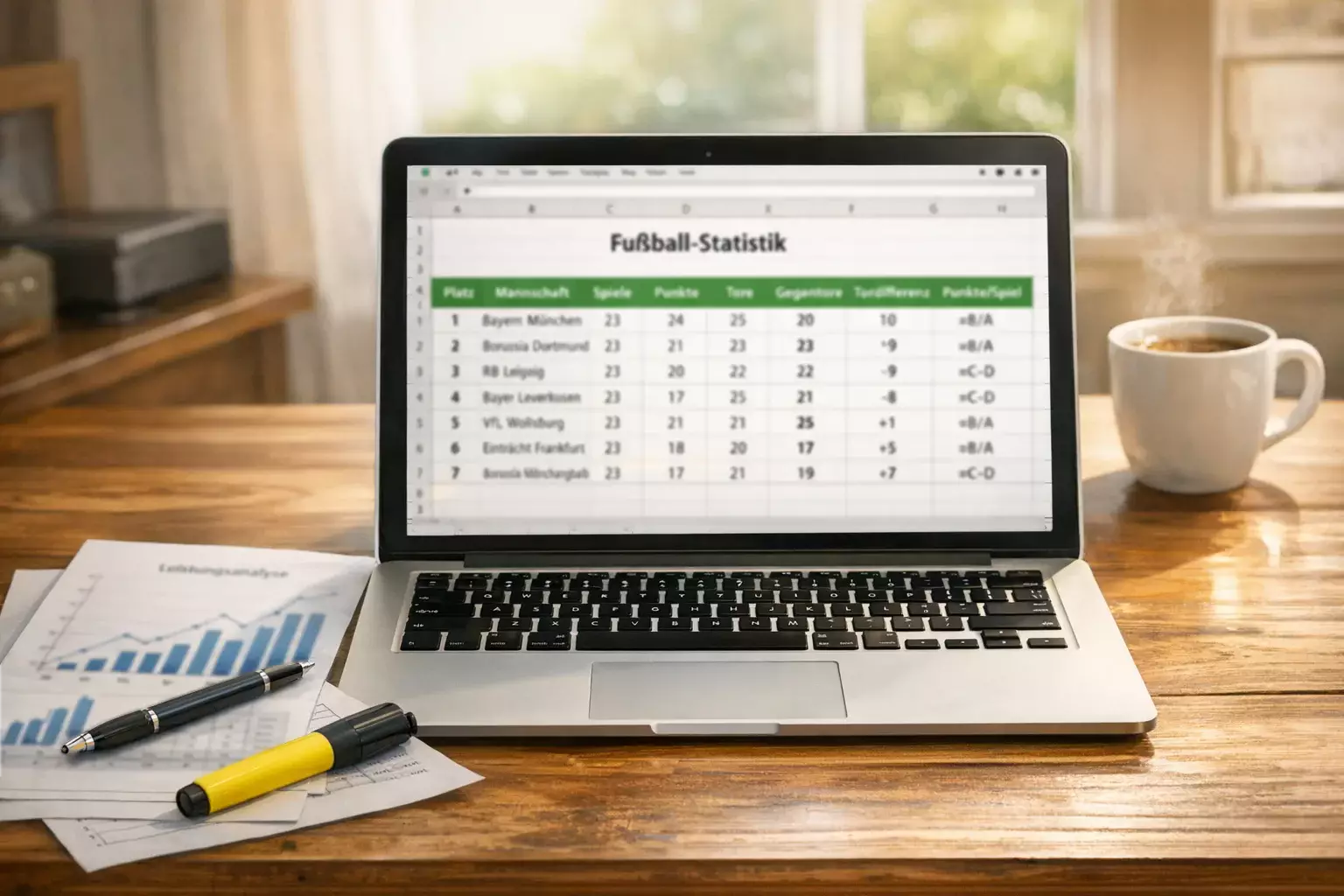 Laptop mit Tabellenkalkulation und Statistik-Software für Fußballanalysen