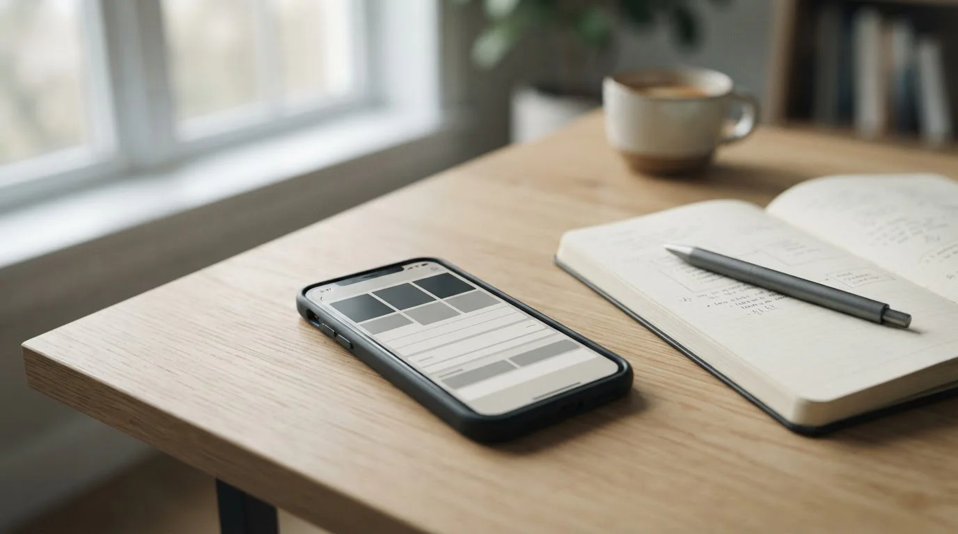 Smartphone auf Holztisch mit neutraler App-Oberfläche und Notizblock