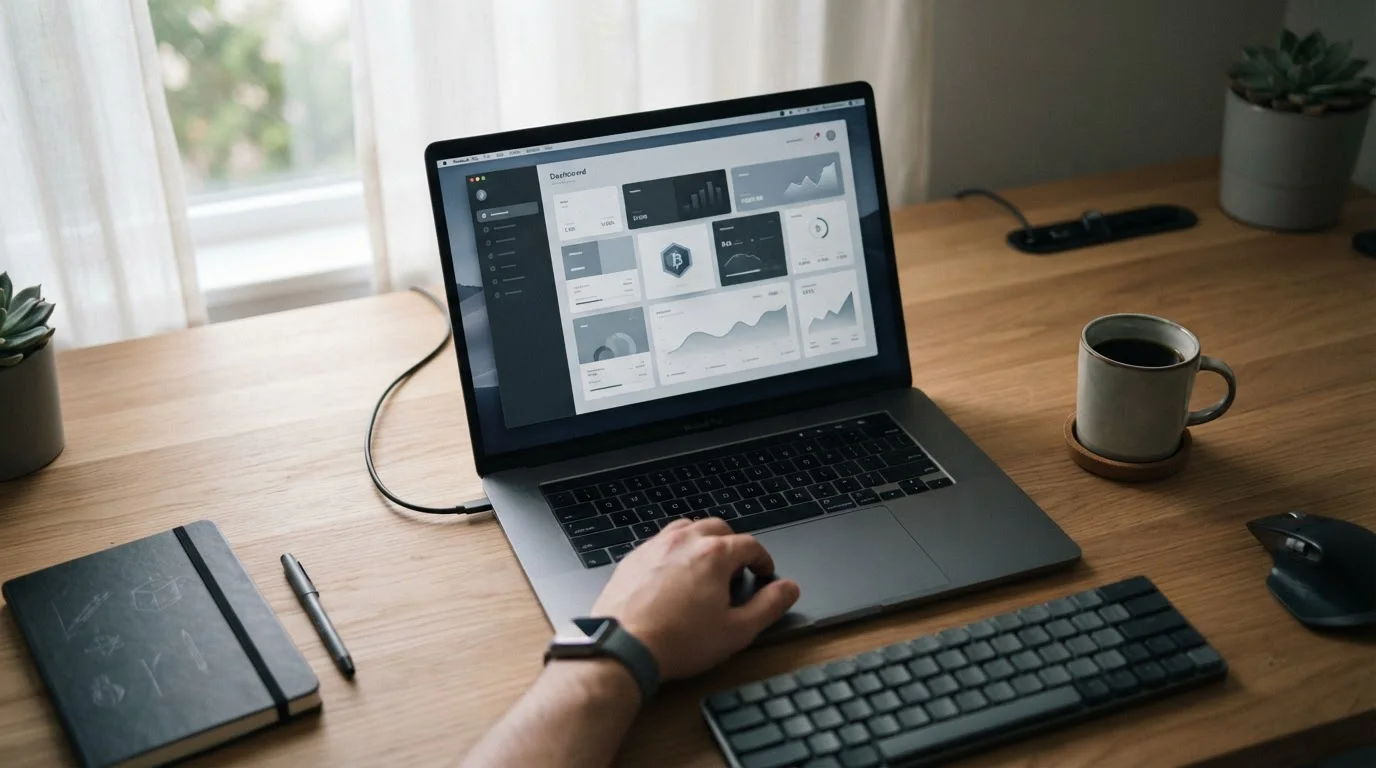 Laptop mit neutraler Wettplattform-Oberfläche und Bitcoin-Symbol auf einem aufgeräumten Schreibtisch