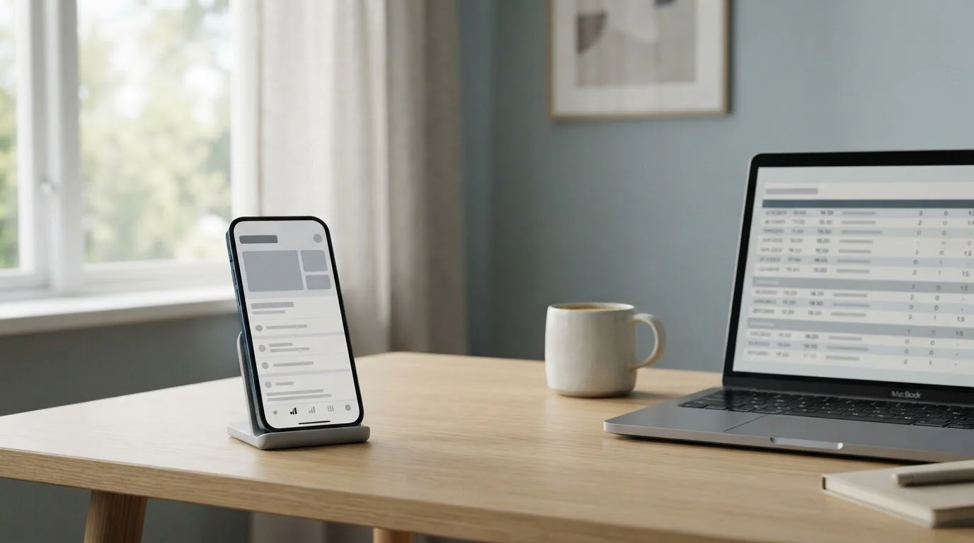 Smartphone mit abstraktem Zahlungsbildschirm neben neutralem Laptop auf minimalistischem Schreibtisch