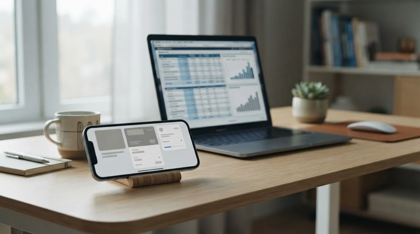 Smartphone mit digitaler Zahlungs-App auf Schreibtisch neben Laptop