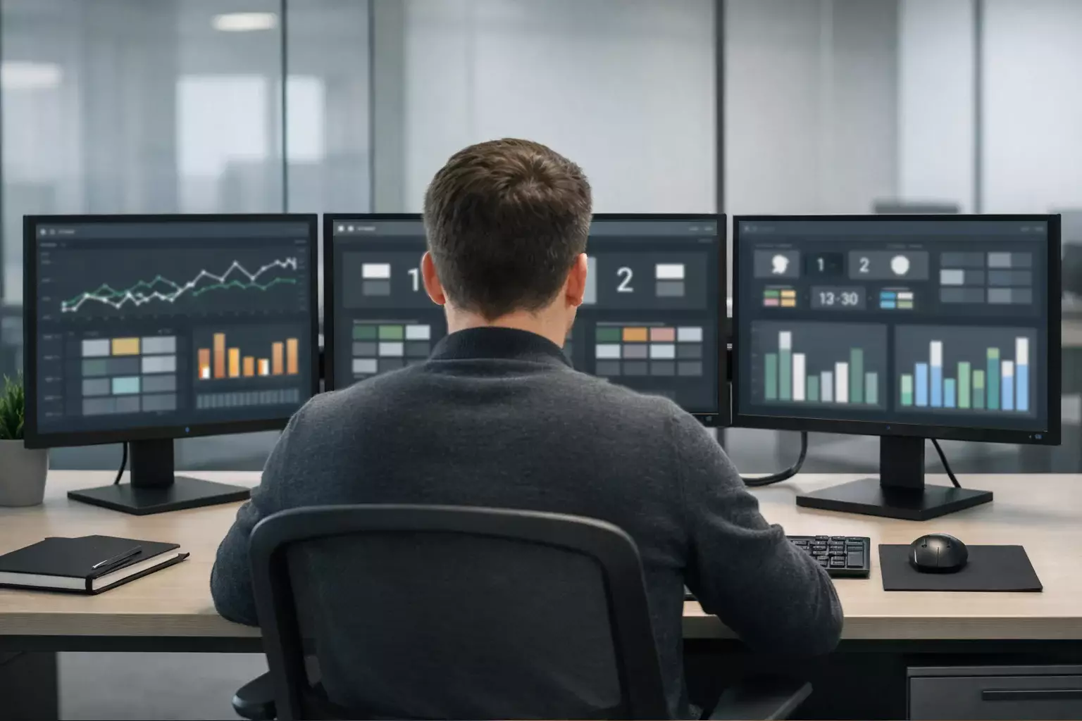 Bildschirme mit Live-Datenströmen und Sportstatistiken in einem Analyseraum