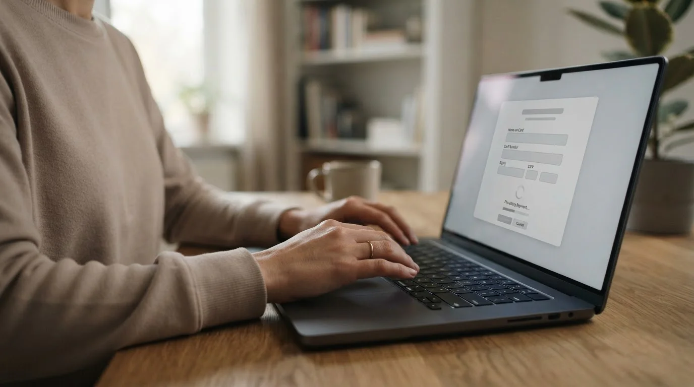 Hände über Laptop-Tastatur während eines Online-Zahlungsvorgangs