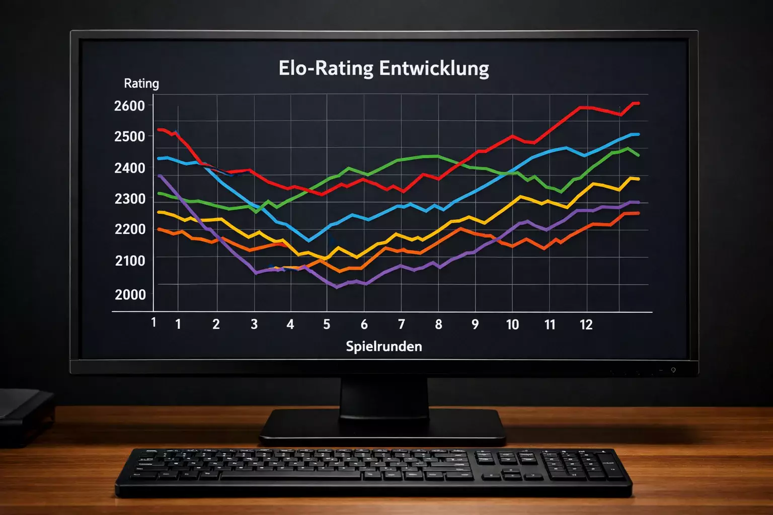 Diagramm zeigt Elo-Rating-Entwicklung verschiedener Mannschaften über eine Saison