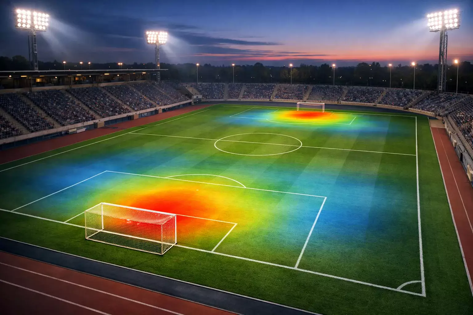 Fußballfeld mit visualisierten Schusswahrscheinlichkeiten und xG-Werten