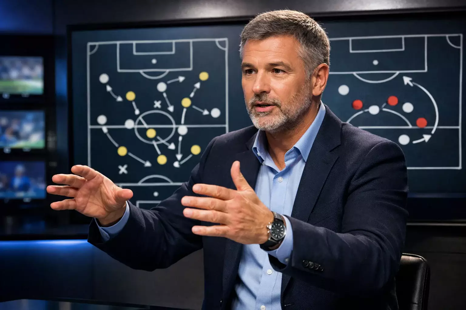 Fußballexperte analysiert Spiel im Fernsehstudio