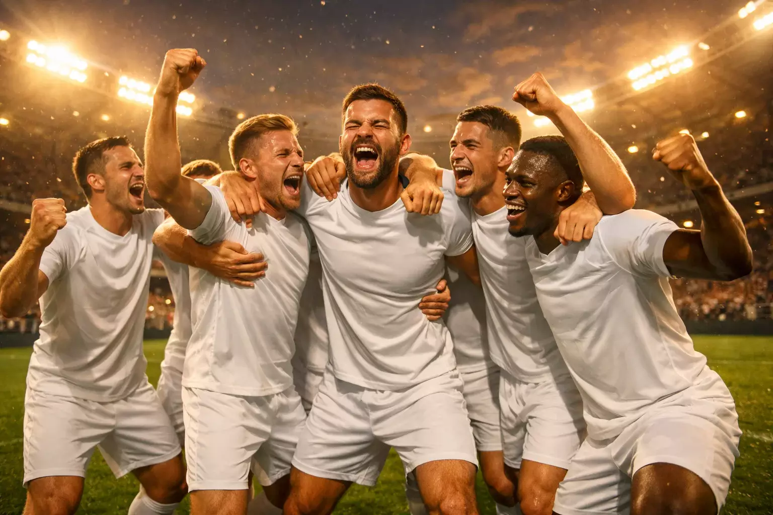 Fußballmannschaft feiert Sieg auf dem Rasen mit euphorischer Stimmung