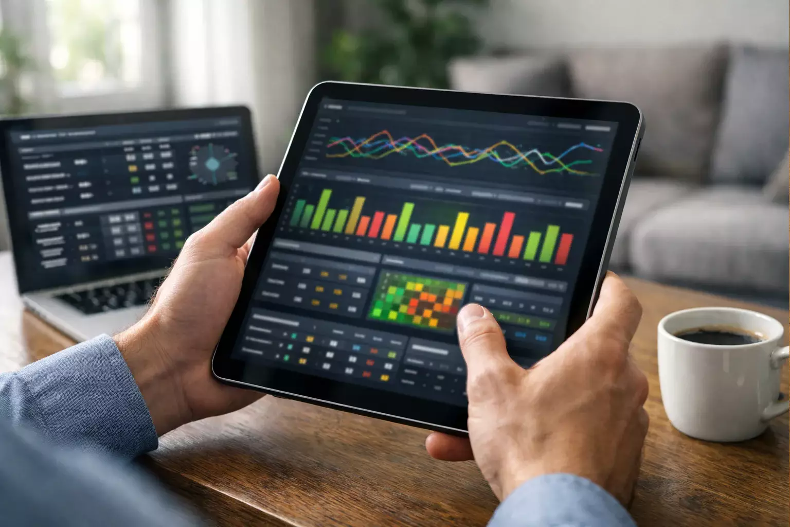 Analyst betrachtet Formkurven und Leistungsstatistiken auf einem Tablet