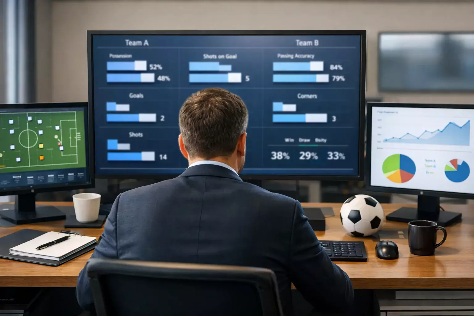 Sportanalyst betrachtet Fußballstatistiken auf einem großen Monitor