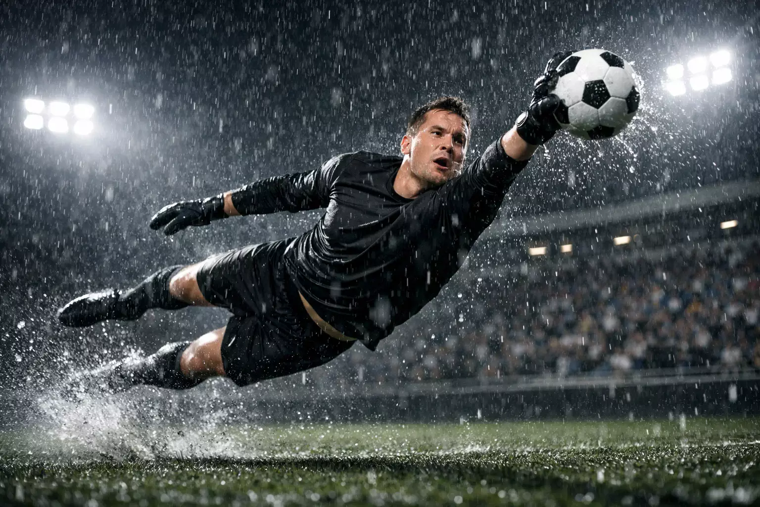 Dramatische Spielszene mit Torhüter der nach dem Ball hechtet im Regen bei Flutlicht