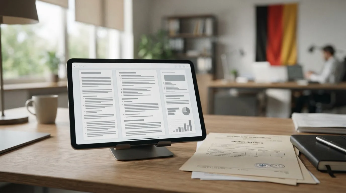 Offizielle Dokumente und Tablet mit Regulierungsinformationen zur GGL-Lizenz