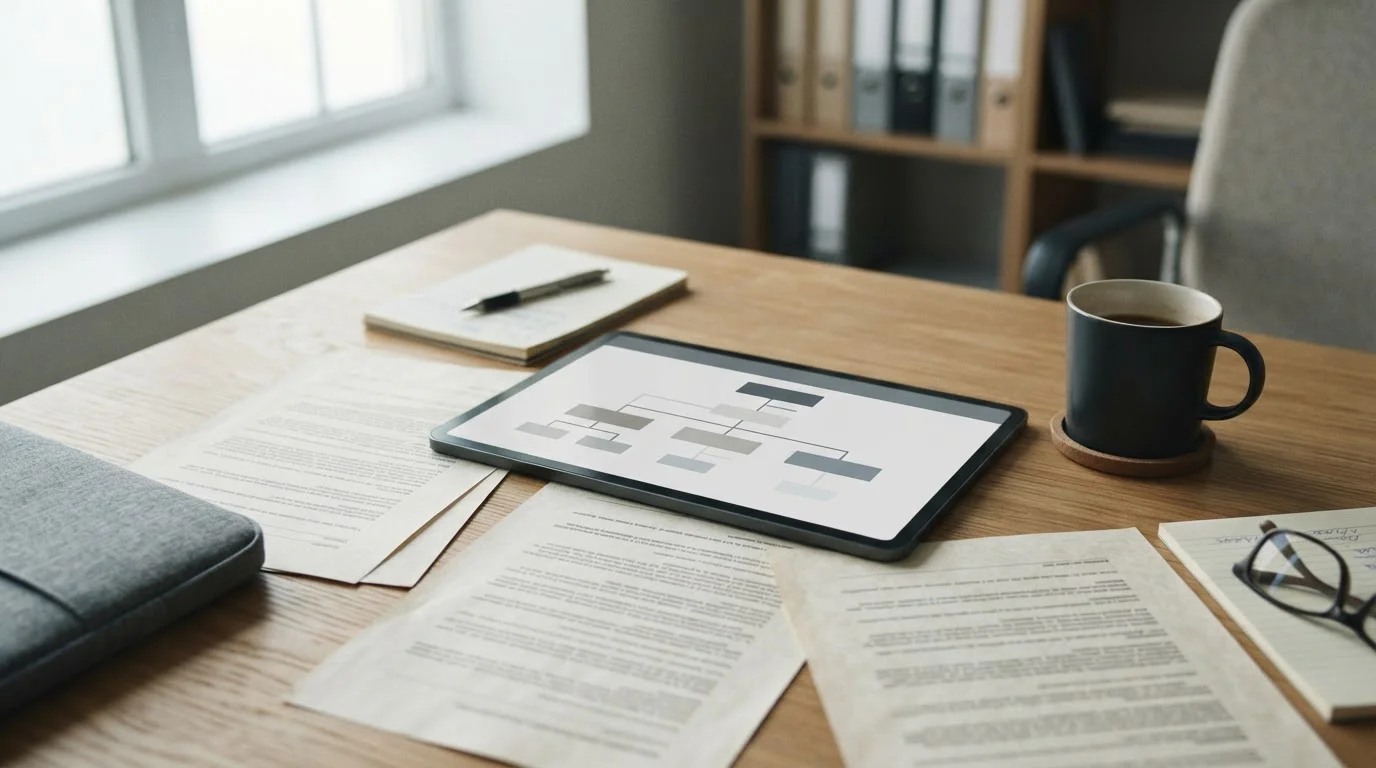 Offizielle Regulierungsdokumente und Tablet mit neutraler Lizenzübersicht