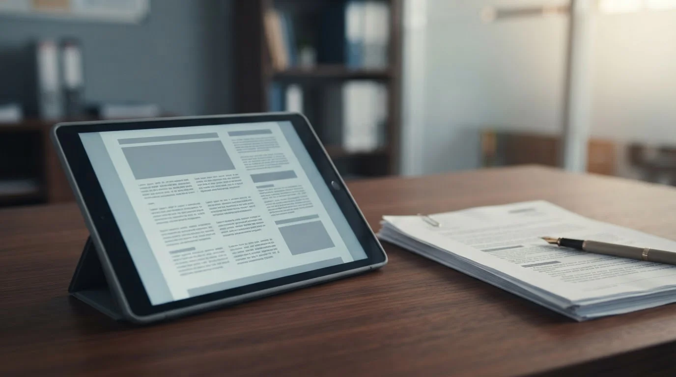 Tablet mit Gesetzestexten und Regulierungsdokumenten auf neutralem Hintergrund