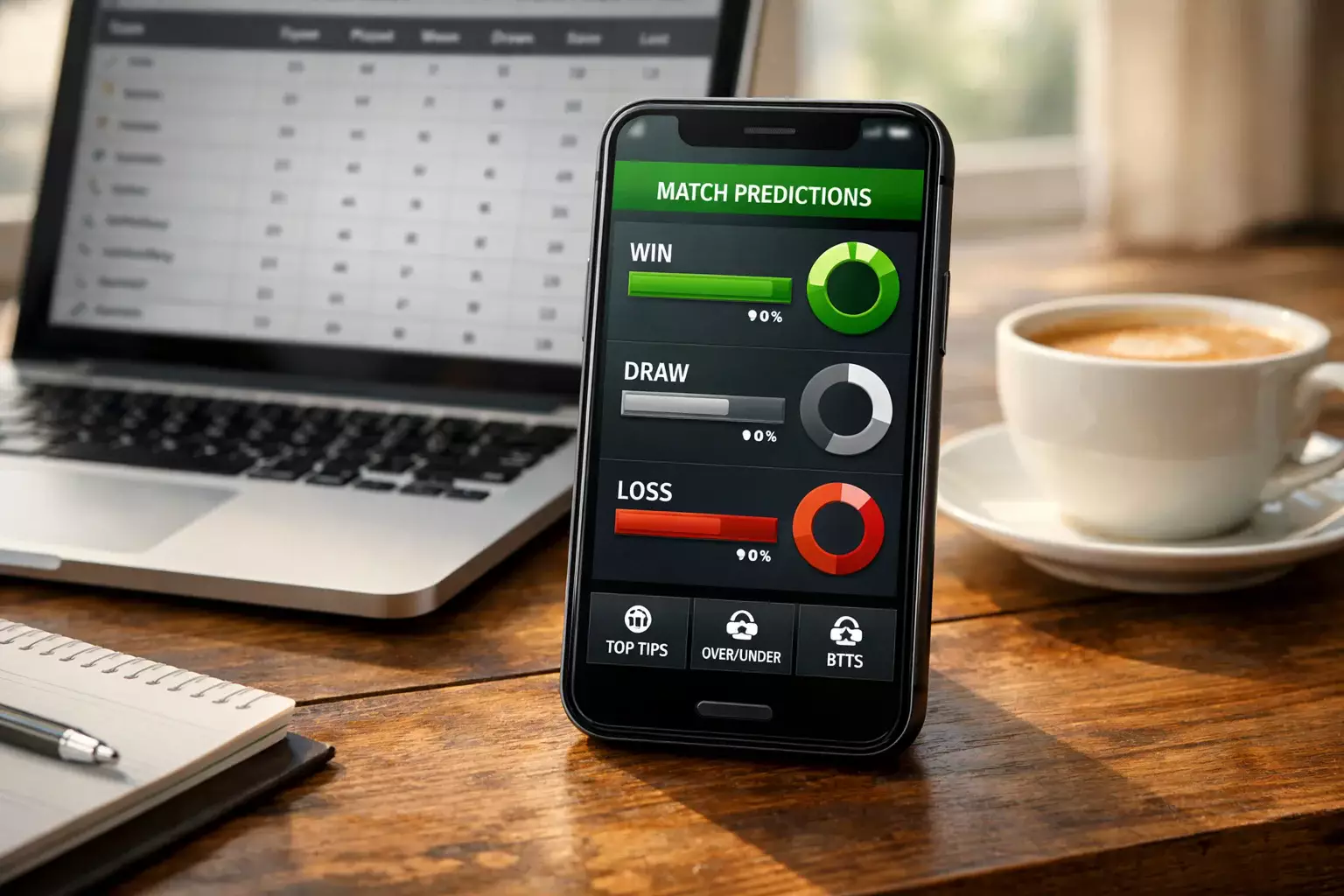 Smartphone zeigt kostenlose Fußballprognosen neben einem Laptop