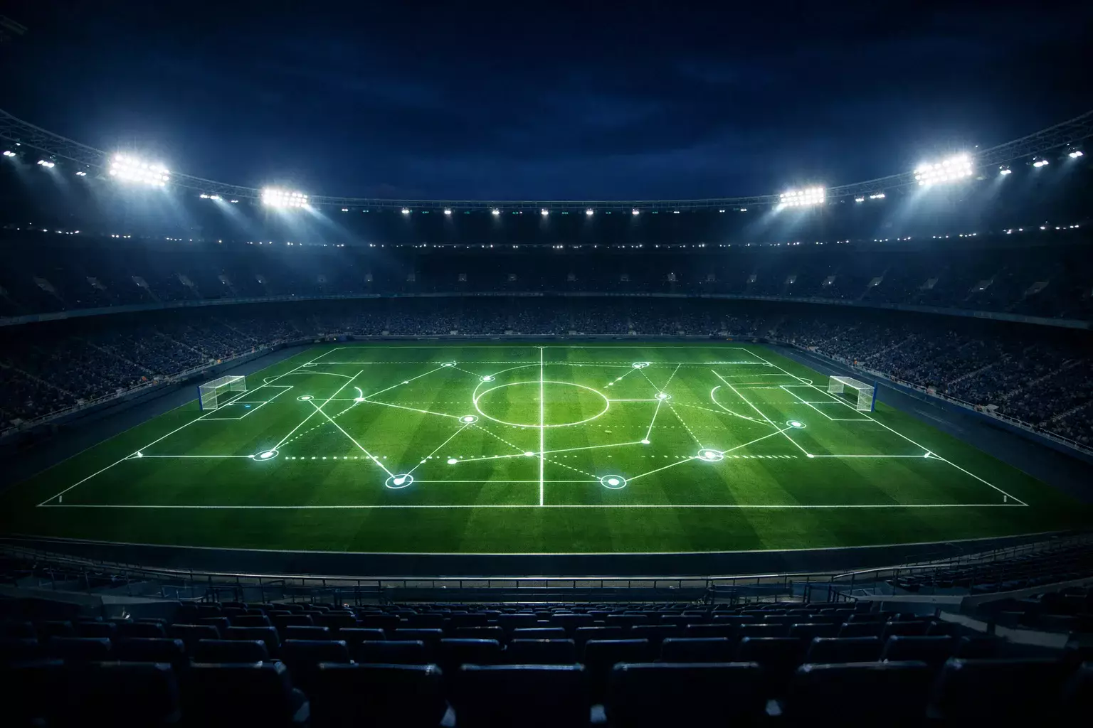 Fußballstadion bei Flutlicht mit digitalem Datenoverlay zur Spielanalyse