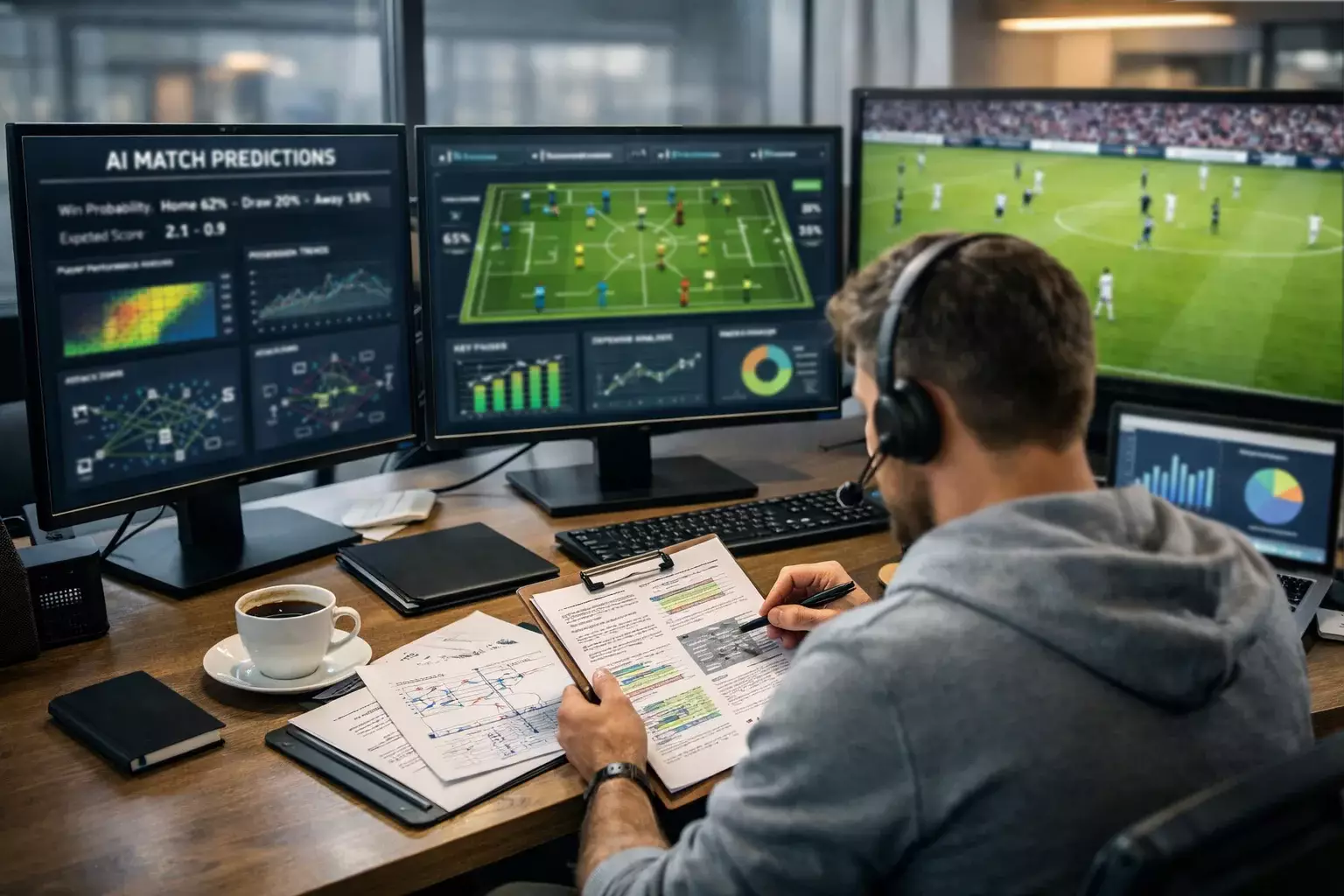 Analyst arbeitet mit KI-Unterstützung an Fußballprognosen