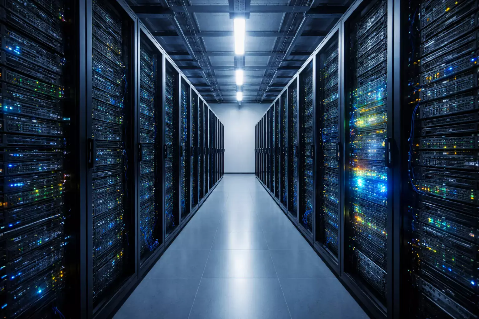 Modernes Rechenzentrum mit Servern die Fußballdaten verarbeiten