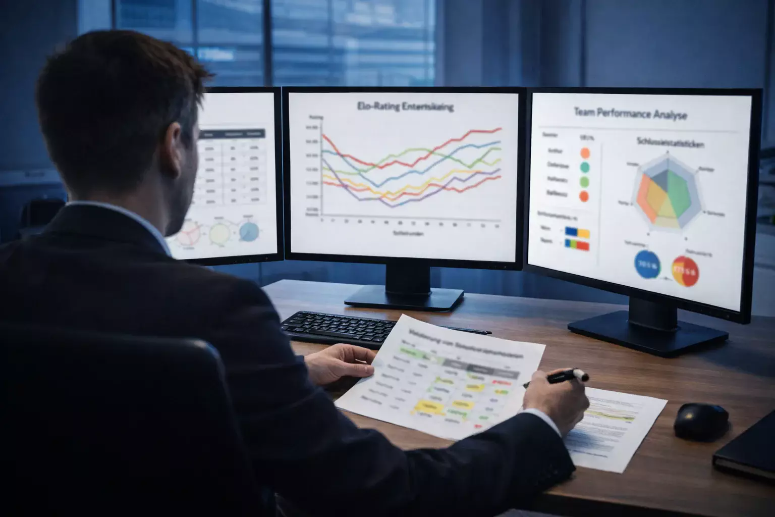 Analyst betrachtet Fußballdaten auf mehreren Bildschirmen im Büro