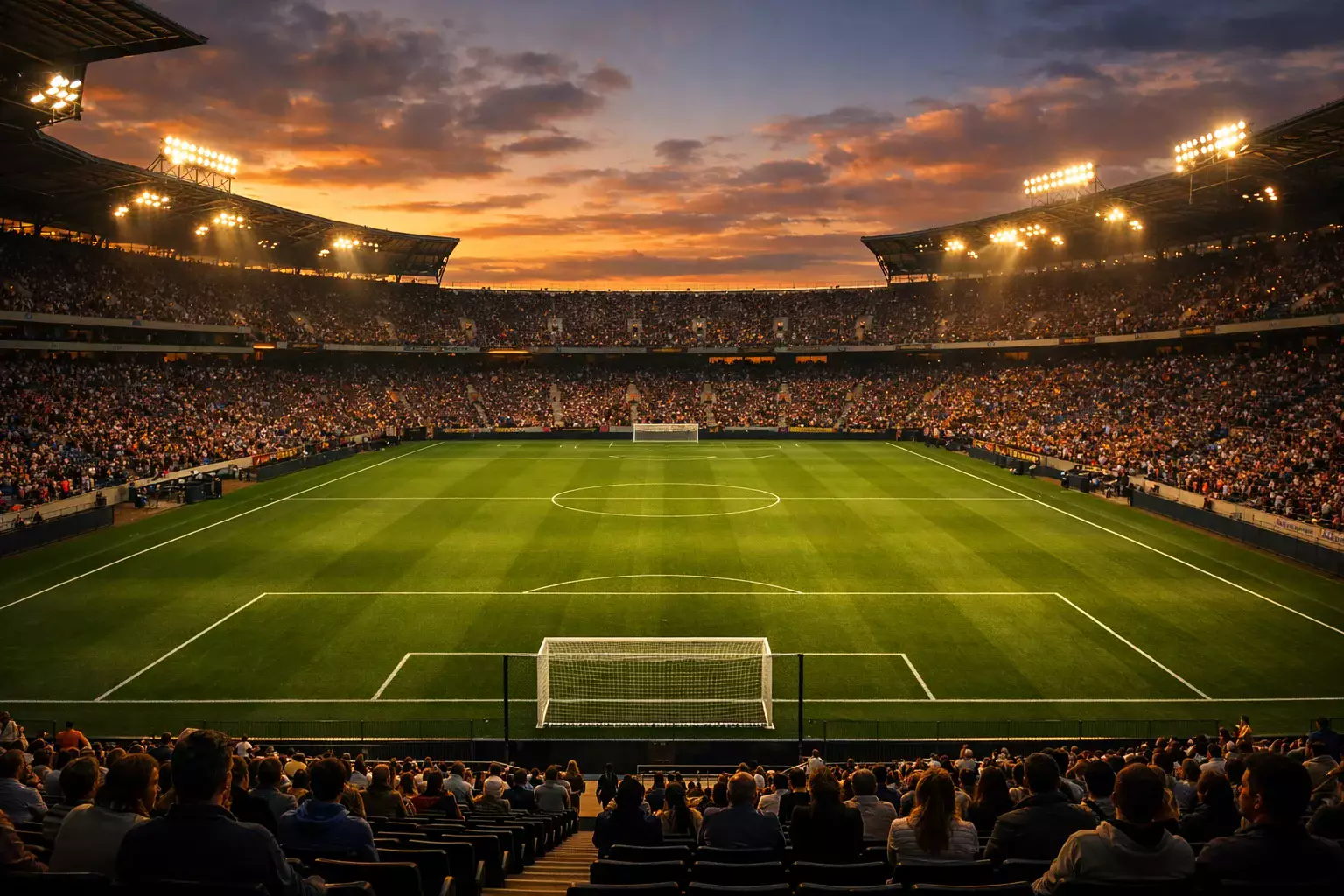 Fußballstadion am Spieltag mit Flutlicht und erwartungsvoller Atmosphäre