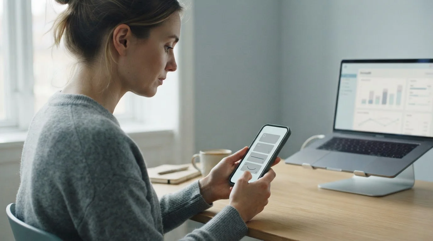 Person bedient Smartphone mit abstraktem Zahlungsablauf auf dem Display
