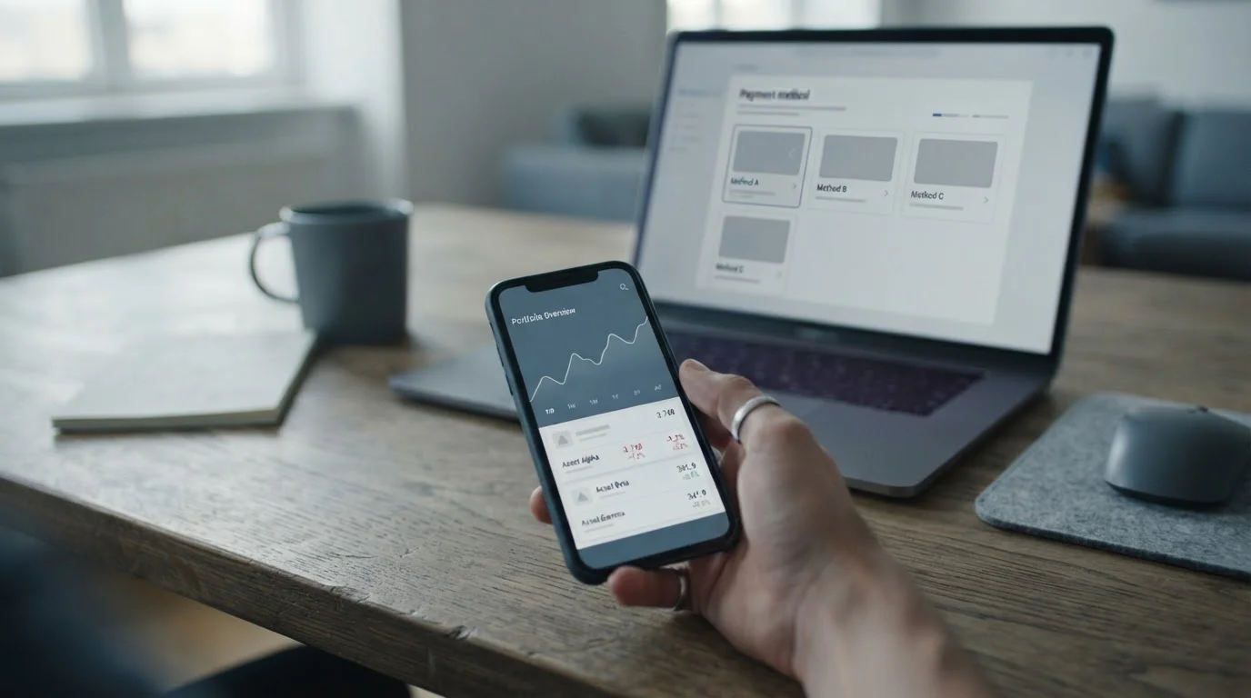 Smartphone zeigt abstrakte Krypto-Wallet-Oberfläche neben Laptop mit neutraler Zahlungsauswahl