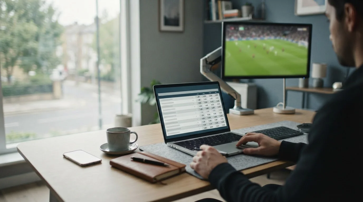 Analyse von La-Liga-Wettquoten auf einem Laptop in ruhiger Arbeitsumgebung