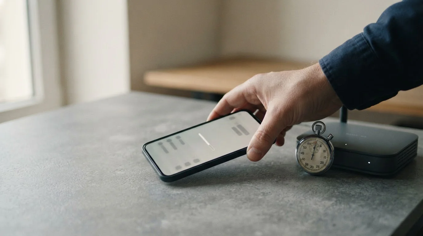 Stoppuhr neben Smartphone mit leerer Ladeanzeige