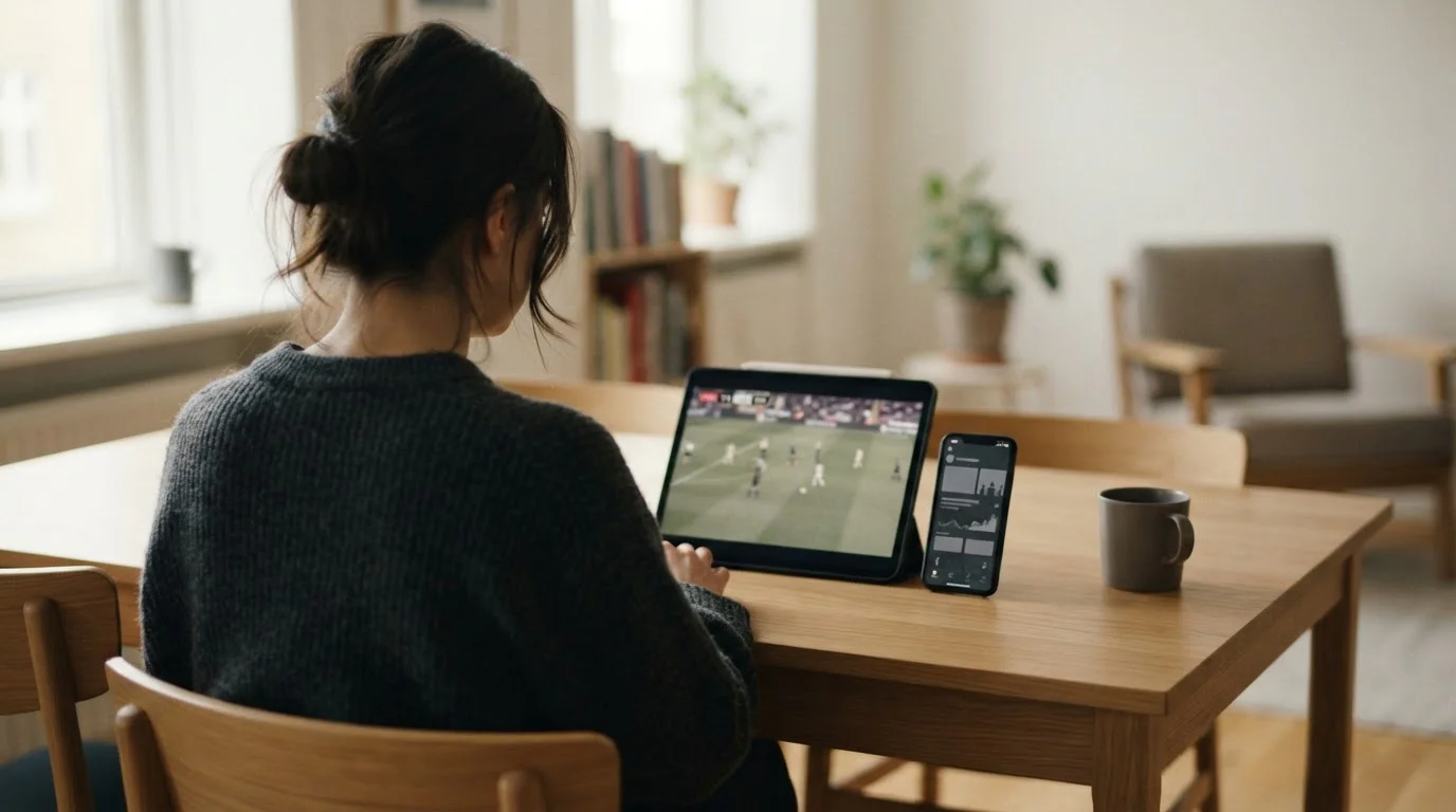 Person verfolgt Live-Sportereignis auf Tablet in ruhiger häuslicher Umgebung