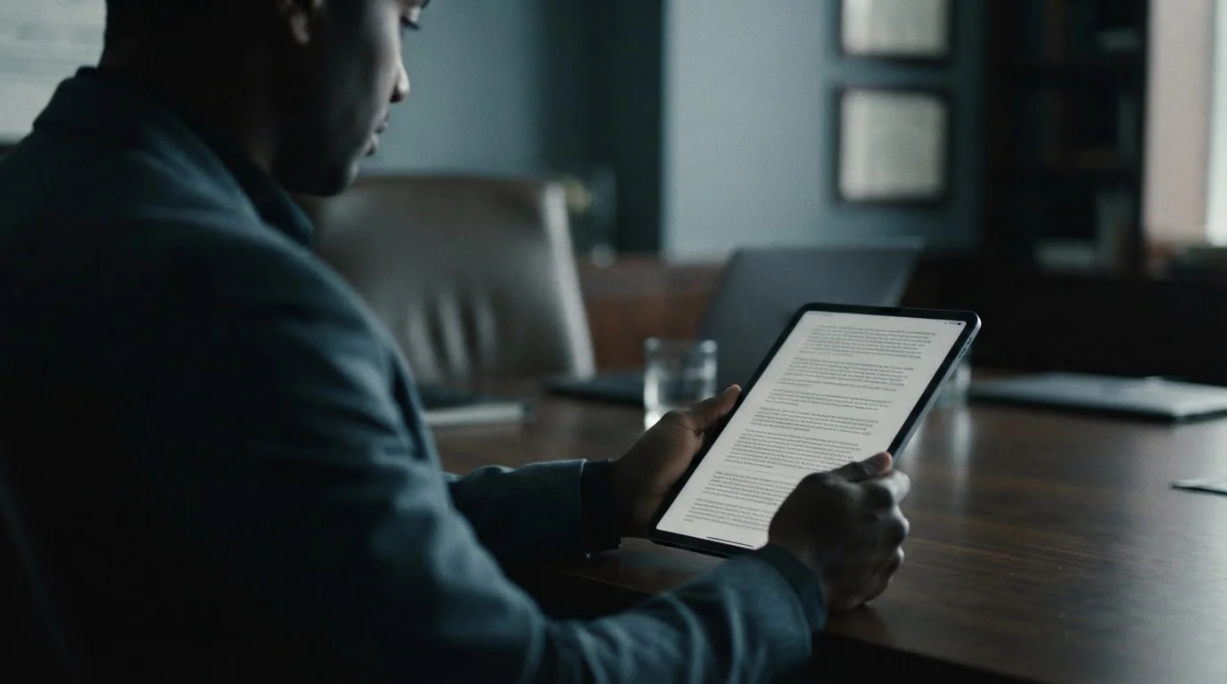 Person liest Regulierungsdokumente auf einem Tablet in gedämpftem Licht