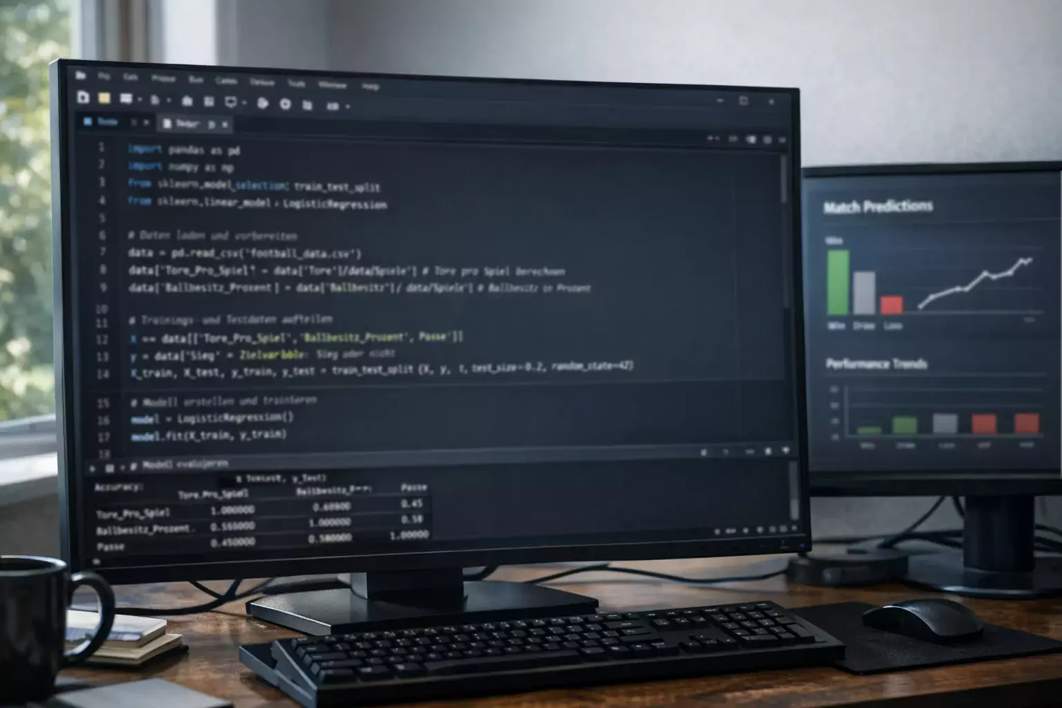 Programmierumgebung mit Code für maschinelles Lernen im Fußballkontext