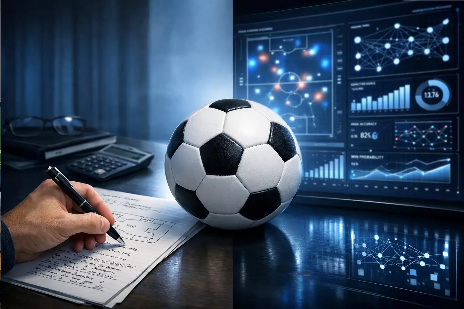 Symbolische Darstellung des Wettbewerbs zwischen menschlicher Expertise und künstlicher Intelligenz im Fußball