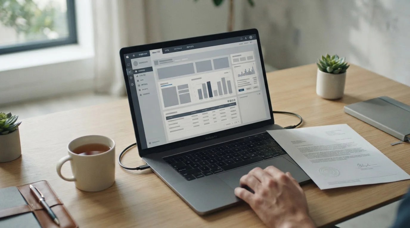 Laptop mit neutraler Wettplattform und Lizenzinformationen auf minimalistischem Schreibtisch