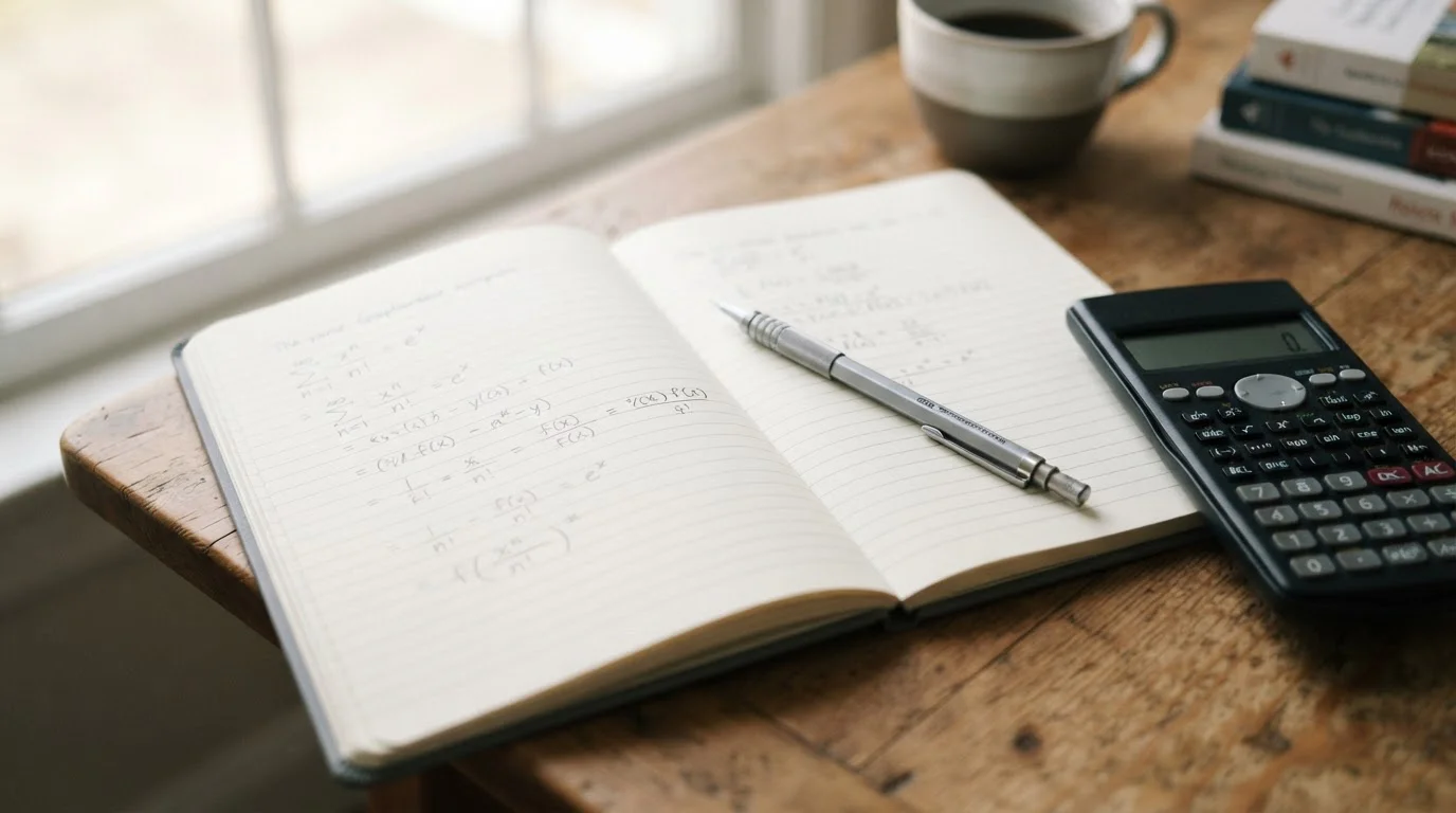 Notizbuch mit handschriftlicher Formel und Taschenrechner auf dem Tisch