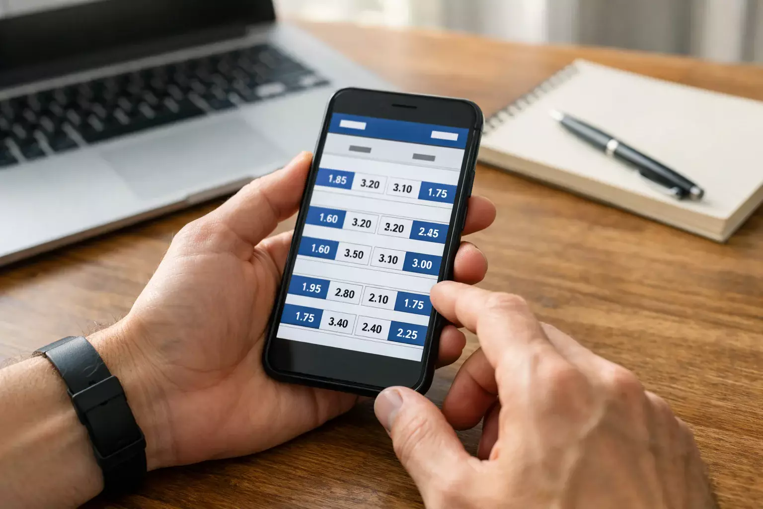 Person vergleicht Wettquoten verschiedener Anbieter auf dem Smartphone
