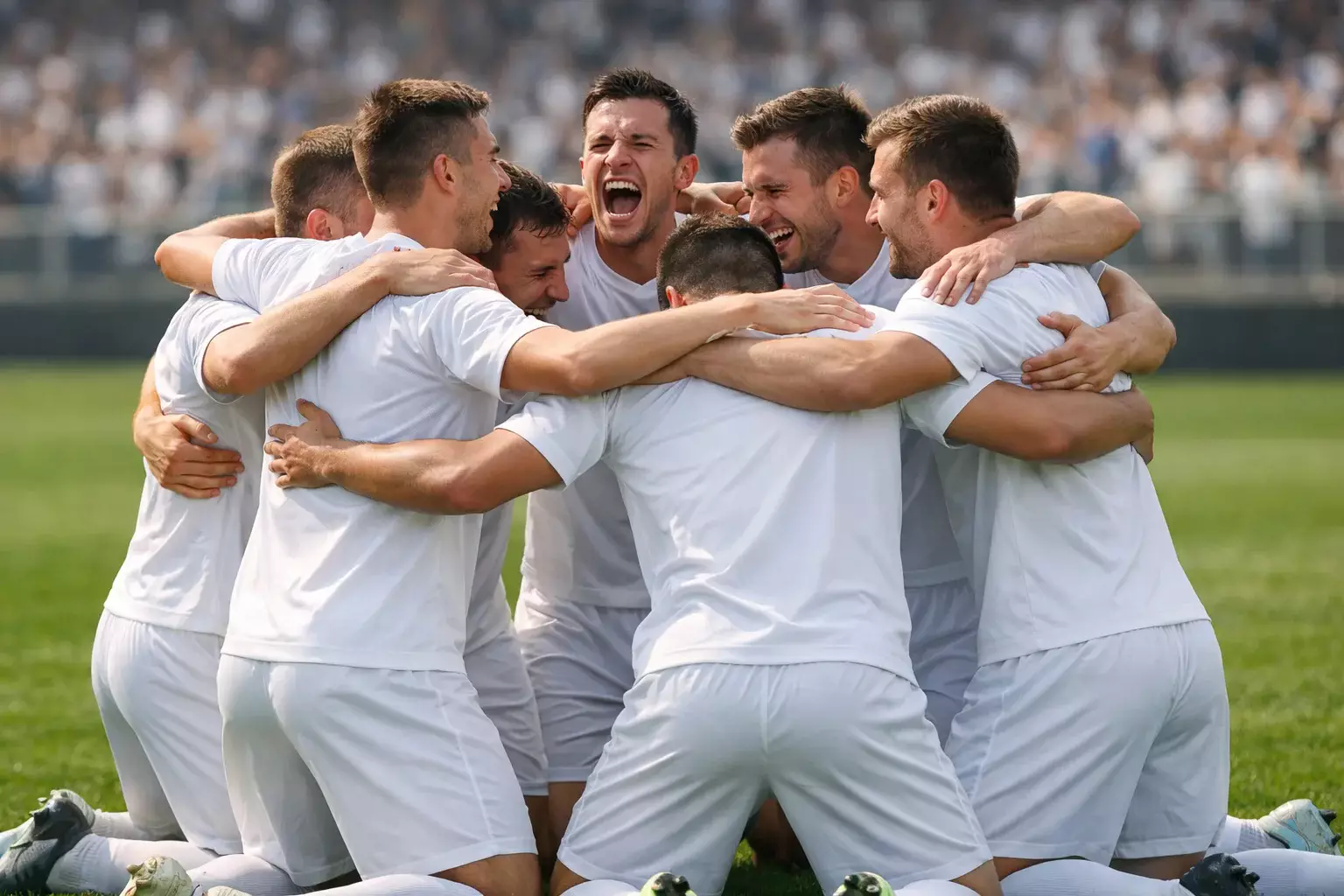Fußballspieler jubeln gemeinsam nach einem Tor auf dem Spielfeld