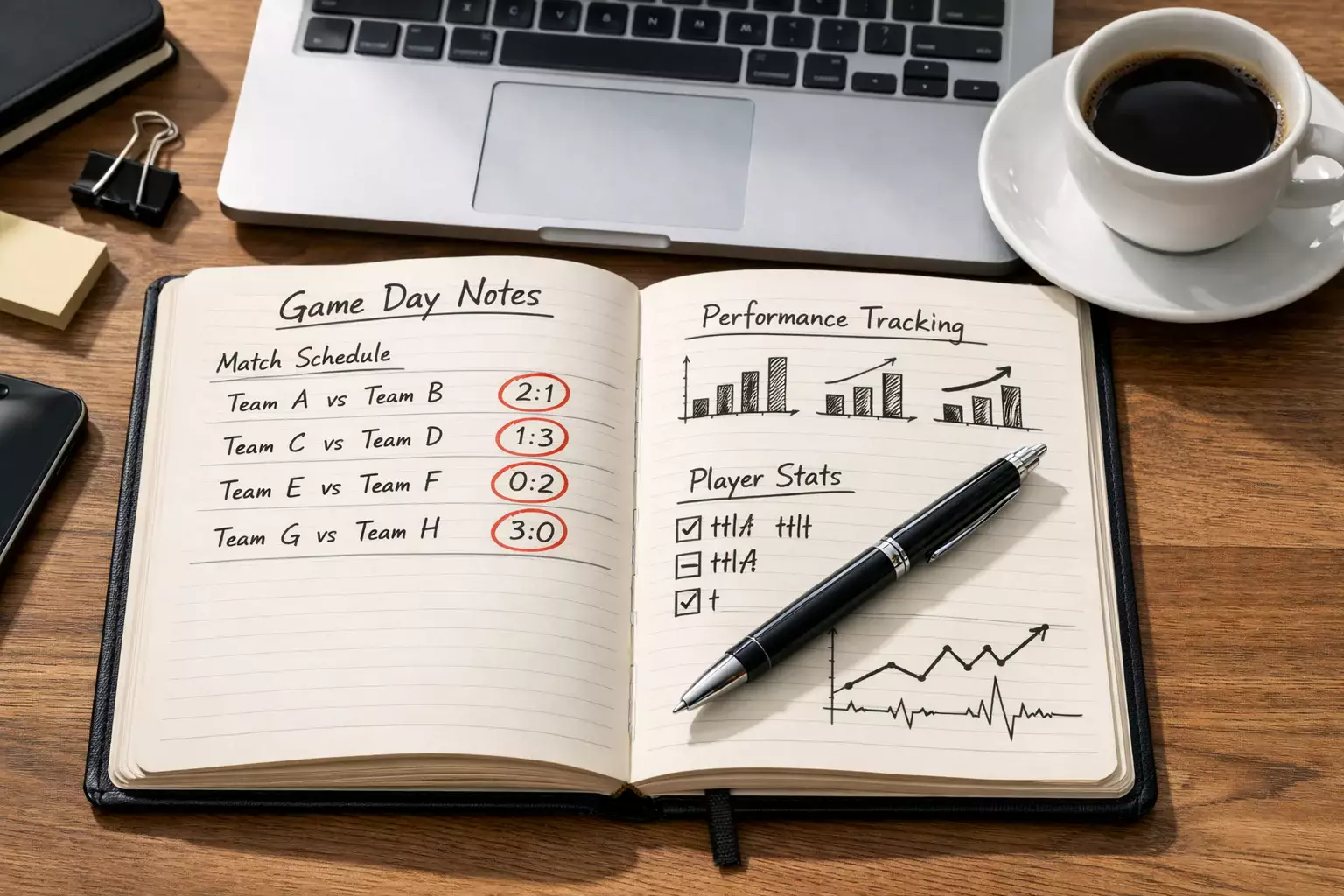 Handgeschriebene Notizen und Spieltagsauswertung in einem Notizbuch