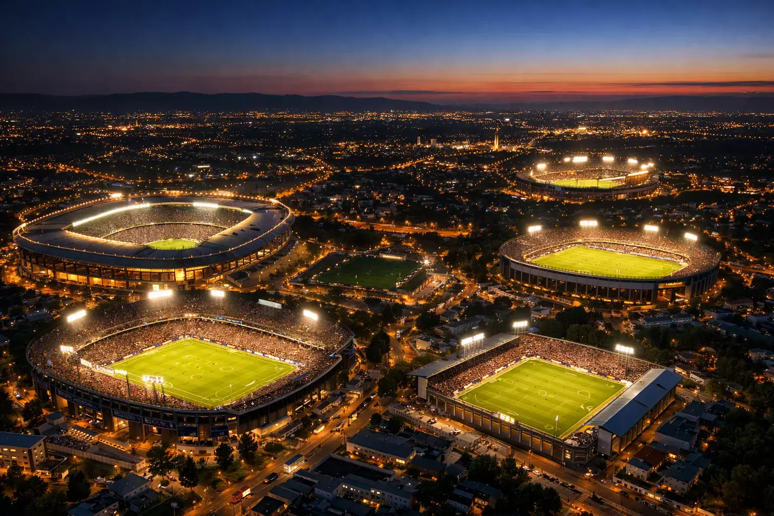 Mehrere Fußballstadien aus der Vogelperspektive an einem Bundesliga-Spieltag