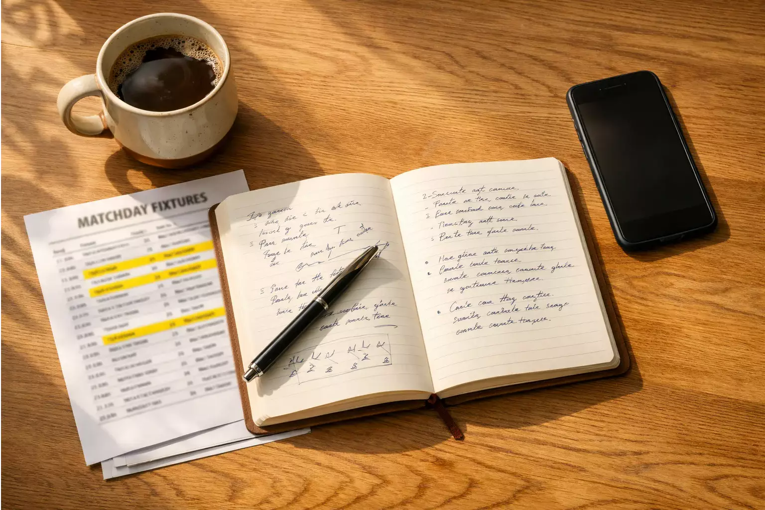 Notizblock mit Spielplan und handschriftlichen Notizen neben einer Tasse Kaffee