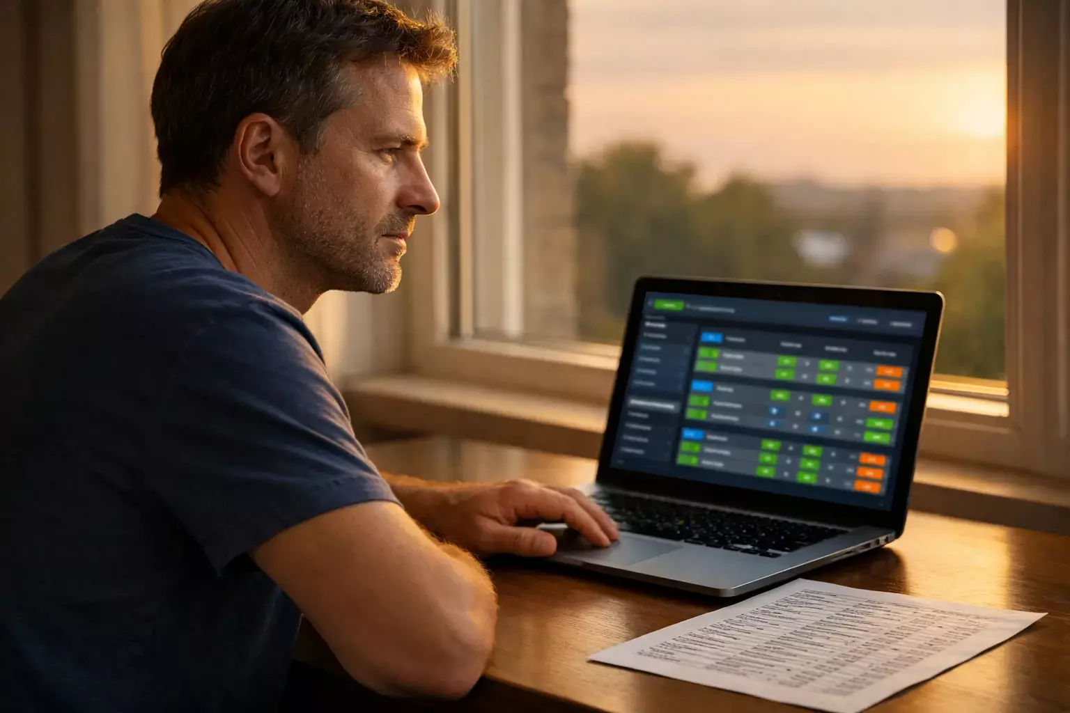Person reflektiert nachdenklich am Schreibtisch über Spielanalysen