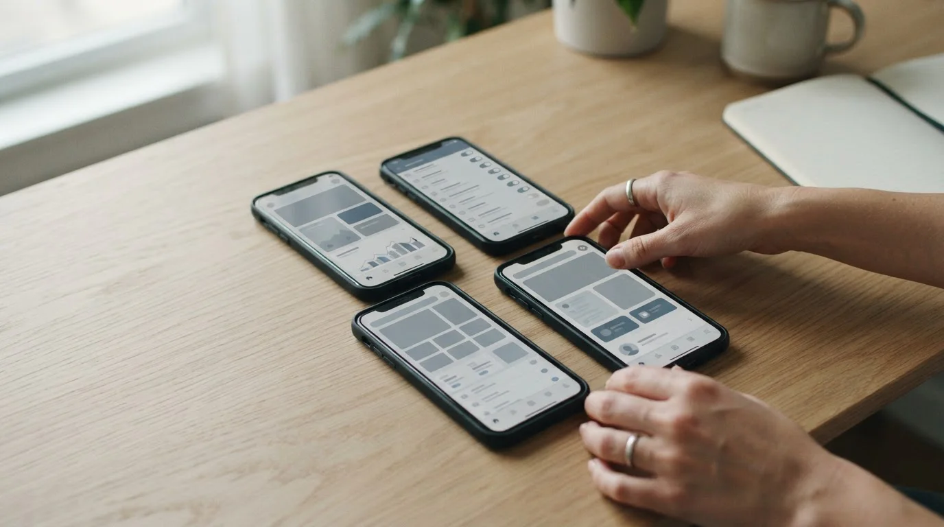 Verschiedene Smartphones mit abstrakten App-Oberflächen in Vergleichsanordnung